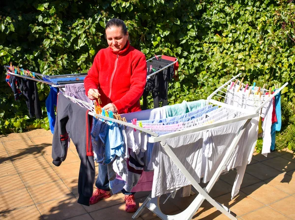 晴れた日に庭のテラスに置かれた洗濯機の中で、濡れた服を持った幸せな主婦。水平方向の画像 — ストック写真