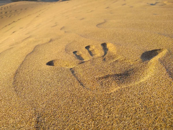 close up of a hand print of the left-handed on the golden sand of a dune of the desert. Horizontal photo
