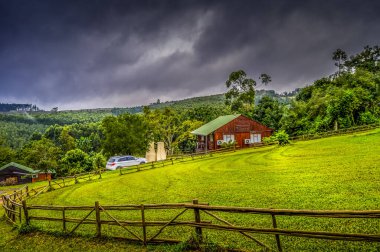 Sabie Güney Afrika 'da yerel çam ormanlarına ve yeşil bahçeye bakan güzel bir ahşap kulübe.