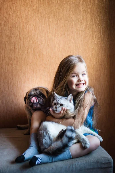 Girl Blond Hair Holds Cat Pet House — стоковое фото