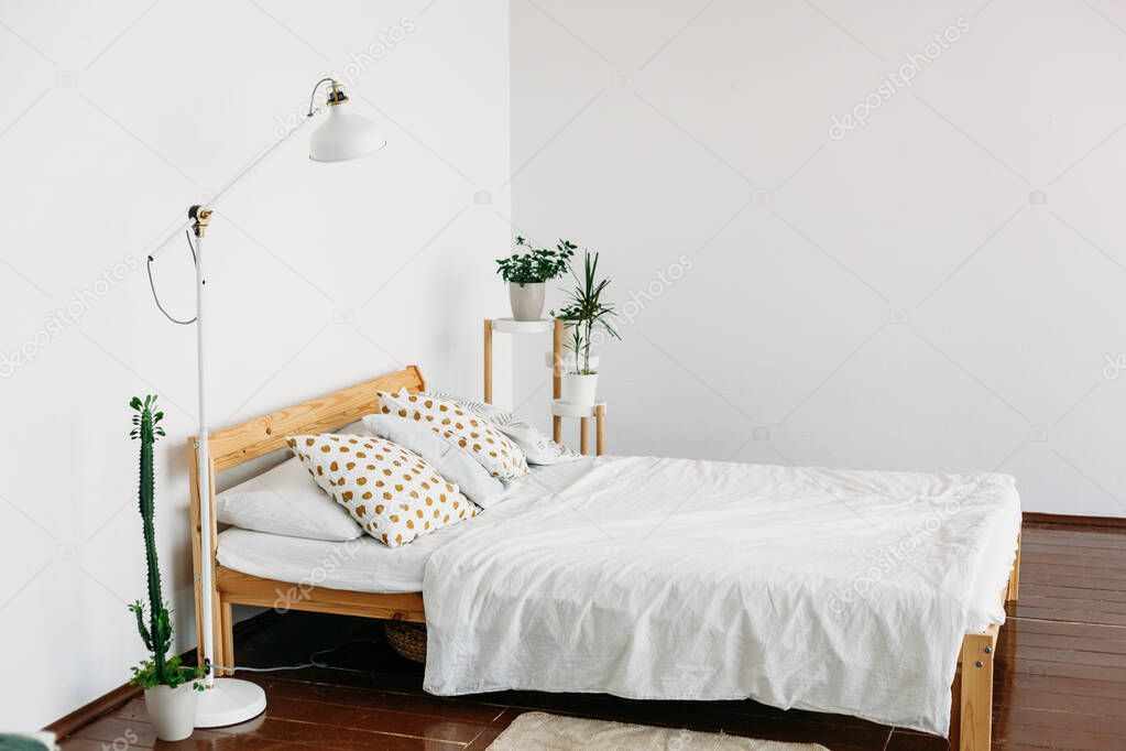 homhome interior, bed, pillows, blankets, indoor plants, light lamp, apartmente interior, bed, pillows, blankets, indoor plants, light lamp, apartment