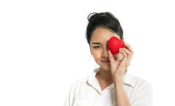 Beautiful Young Asian Girl Casual Colthes Holding Red Heart Standing — Stock Photo, Image