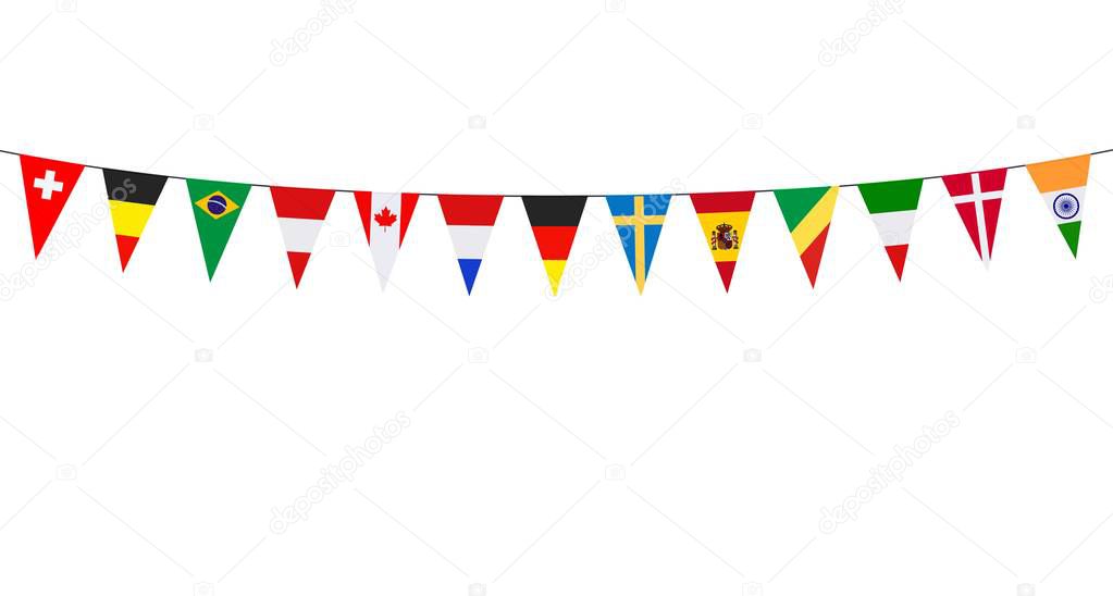 Garland with various international pennants on a white background