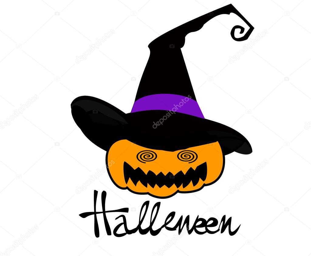  illustration of a cartoon Halloween witch hat and pumpkin Jack o.lantern on white.