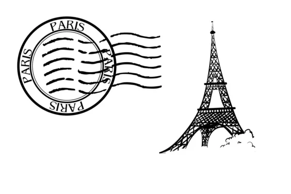 Illustrazione Disegnata Mano Della Torre Eiffel Con Timbro Sfondo Bianco — Foto Stock