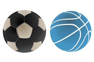 Futbol topu ve basketbol beyaz arka planda izole edilmiş. Çizim tasarımı