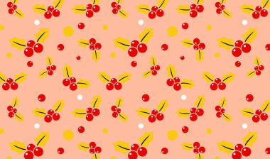 Holly Berry ile kusursuz desen. Noel ambalaj kağıdı arka planı. Kumaş izi ve kart tasarımı için desen