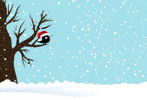 Kış Manzarası. Noel yeni yıl tebrik kartı. Ağaçta oturan, Orman Düşen Kara Kuş. Mavi Gökyüzü.