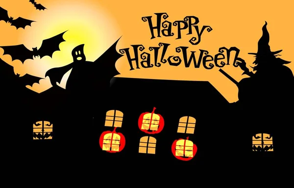 Happy Halloween Text Banner Νυχτερίδες Αράχνη Κολοκύθα Κάστρο — Φωτογραφία Αρχείου