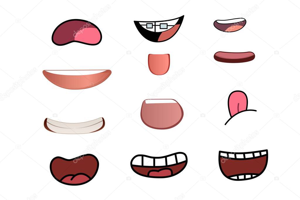 Funny Cartoon mouths set with different expressions. Smile with teeth, sticking out tongue, surprised. Simple  illustration design 