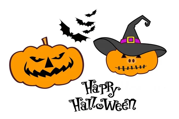 Zucca Halloween Con Pipistrelli Sfondo Bianco Disegno Illustrazione — Foto Stock