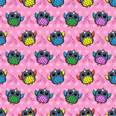 Sevimli çizgi baykuş Dikişsiz desen arka plan