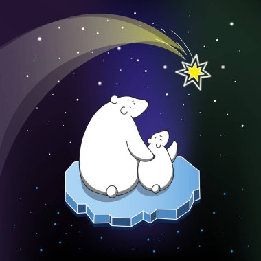 Polar mama bear and her baby are looking at the falling star. Vector illustration vector Polar mama bear and her baby are looking at the falling star. Vector illustration vector