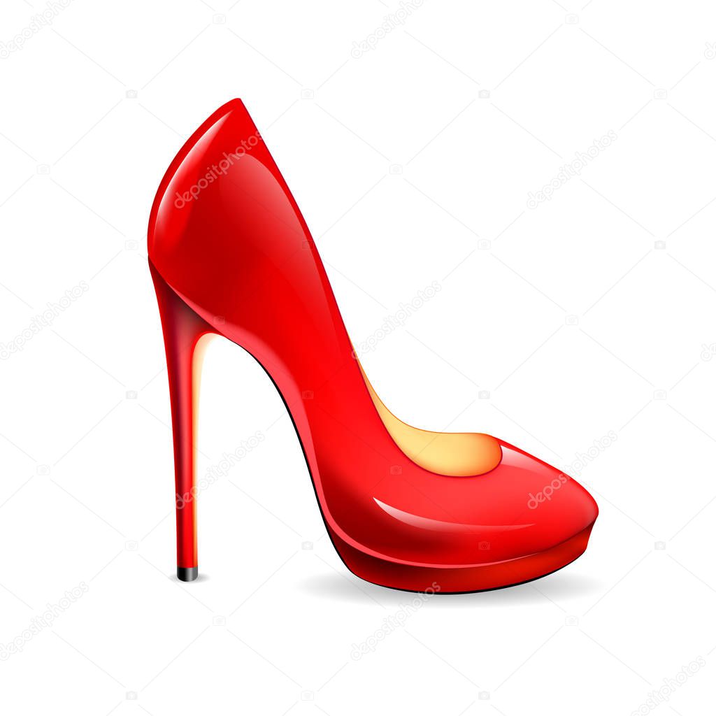 Glamour red women's shoe on the white background. Stylish symbol of International Women's Day