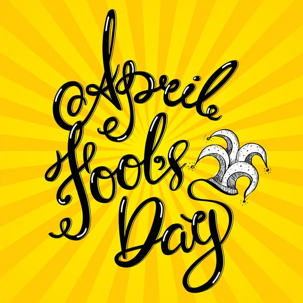 1 Nisan Fools'day yazı kartı ver. Vektör hat metin Soytarı şapkası Sarı zemin üzerine.