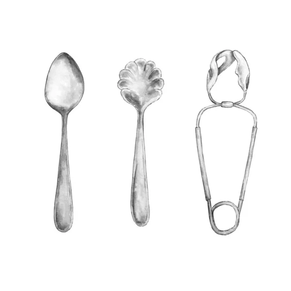 Watercolor cutlery, silver, spoons and snail tongs — Stock Photo, Image