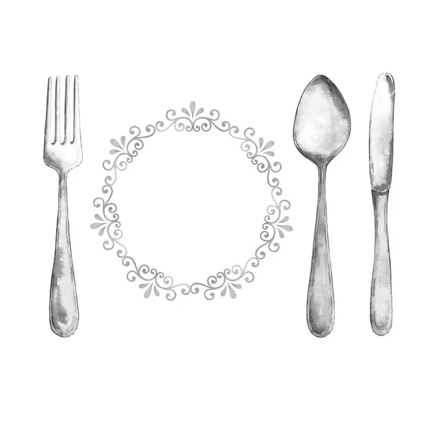 Watercolor cutlery, silver, spoon, fork and knife, with a curly — Stock Photo, Image