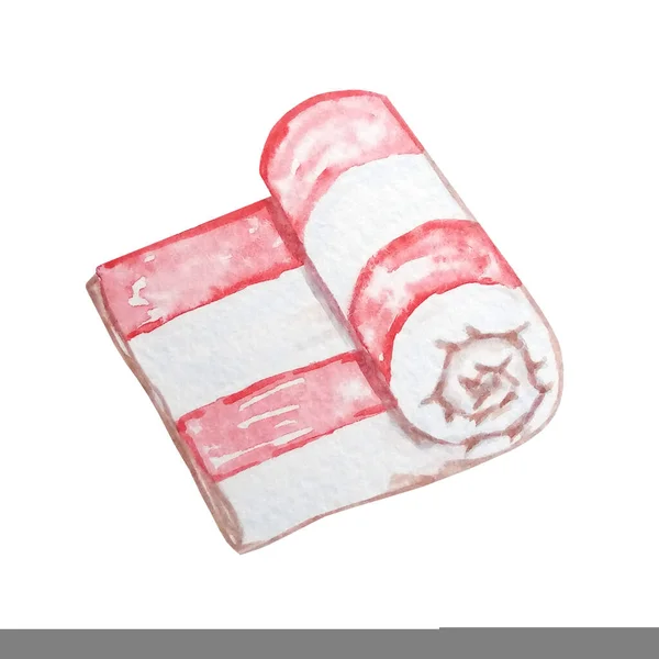 Watercolor Beach Towel Folded White Red Stripe — Stock Photo, Image