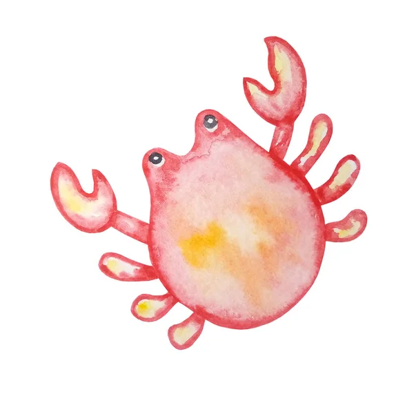 Watercolor Kepiting Laut Merah Dengan Bintik Bintik Kuning Dengan Mata — Stok Foto