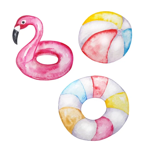 Akvarell Nyári Készlet Három Felfújható Lufi Úszás Flamingók Kör Bal — Stock Fotó