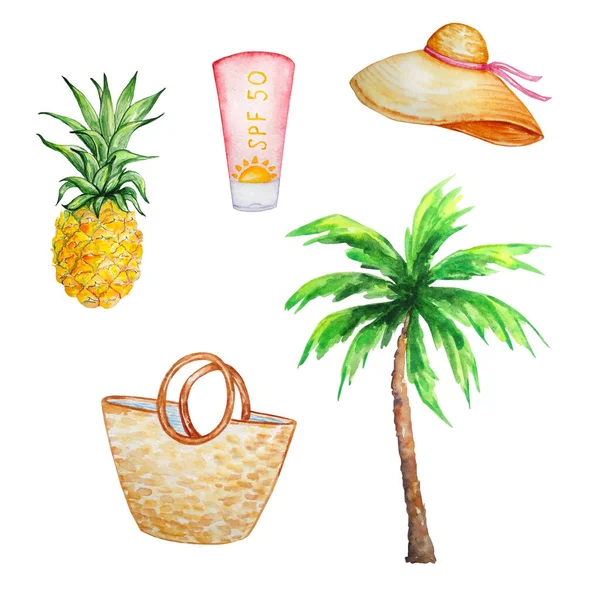 suluboya yaz seti, palmiye, ananas, plaj çantası, panama, sunscree