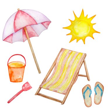 suluboya yaz seti, plaj şemsiyesi, şezlong, güneş, parmak arası terlik, oyuncak