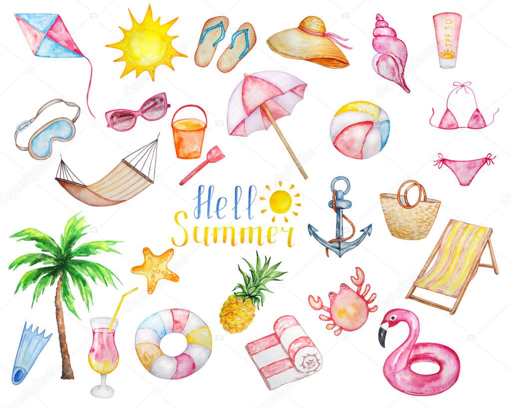 watercolor summer set, flamingo, inscription, hello summer, vacation, beach, travel, tropic, sun, se