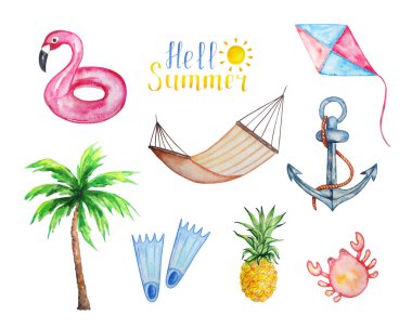 suluboya yaz seti, flamingo şişme yüzme balonu, harfler, merhaba yaz, tatil, sahil, seyahat, tropi