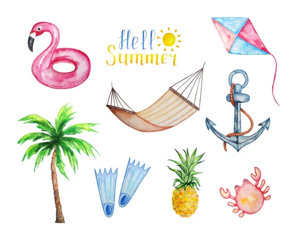 Watercolor Summer Set Flamingo Φουσκωτό Μπαλόνι Γράμματα Hello Summer Διακοπές — Φωτογραφία Αρχείου