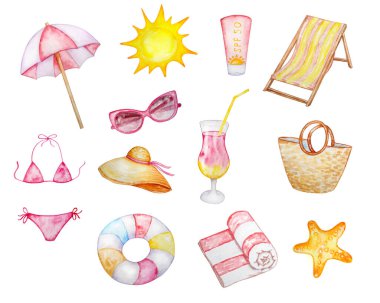 suluboya yaz seti, plaj şemsiyesi, güverte sandalyesi, güneş kremi, güneş gözlüğü, panama, plaj çantası, bikini, meyve suyu, plaj towe