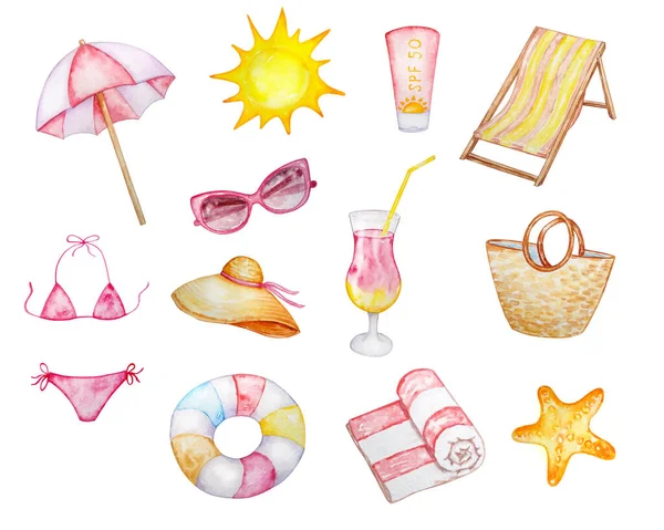 suluboya yaz seti, plaj şemsiyesi, güverte sandalyesi, güneş kremi, güneş gözlüğü, panama, plaj çantası, bikini, meyve suyu, plaj towe