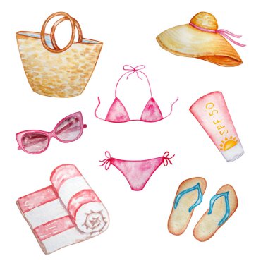 suluboya yaz seti, plaj çantası, panama, güneş gözlüğü, bikini, plaj havlusu, parmak arası terlik, güneş kremi