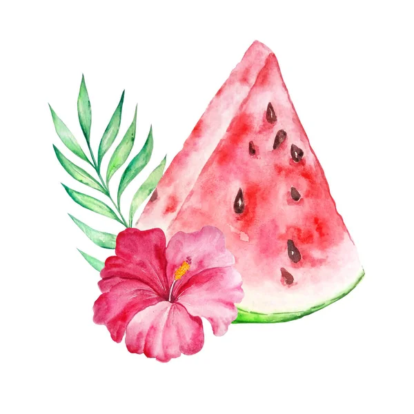 鮮やかなピンク色の熱帯の花と熱帯緑の葉を持つスイカのスライスの熱帯エキゾチックな果物を水彩画 — ストック写真