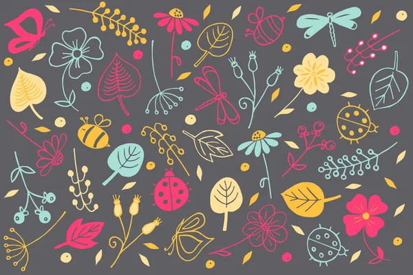 Couleur Vectorielle Fond Été Avec Des Insectes Vibrants Des Fleurs — Image vectorielle