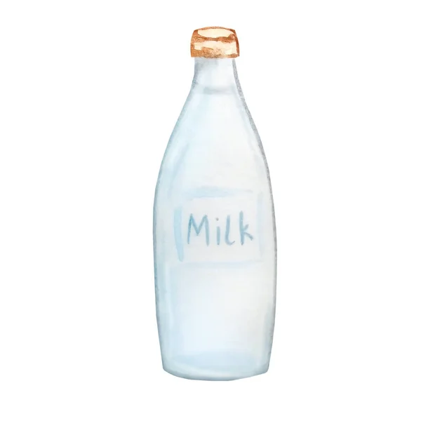 带有牛奶的水彩画瓶 — 图库照片