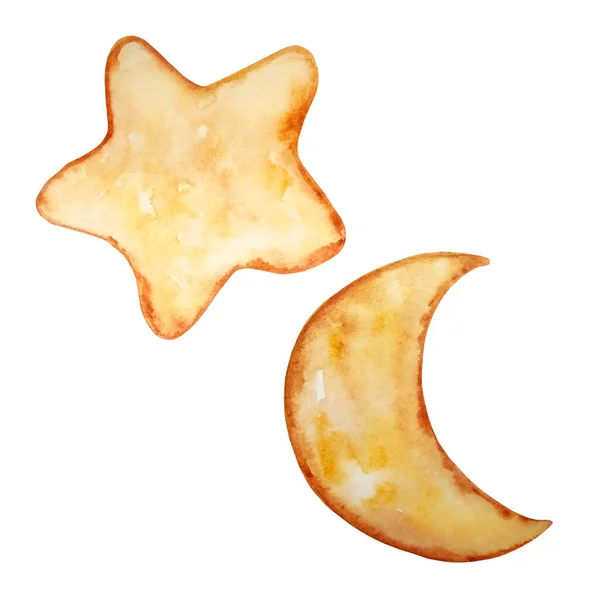 Acuarela Ilustración Dos Galletas Amarillas Forma Estrella Luna —  Fotos de Stock