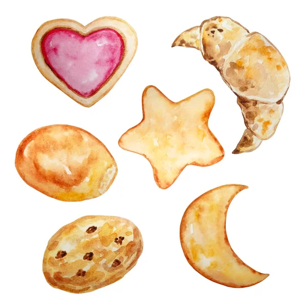Suluboya Mutfak Ürünleri Seti Kurabiye Yıldızı Kalp Çörek Kruvasan Çikolatalı — Stok fotoğraf
