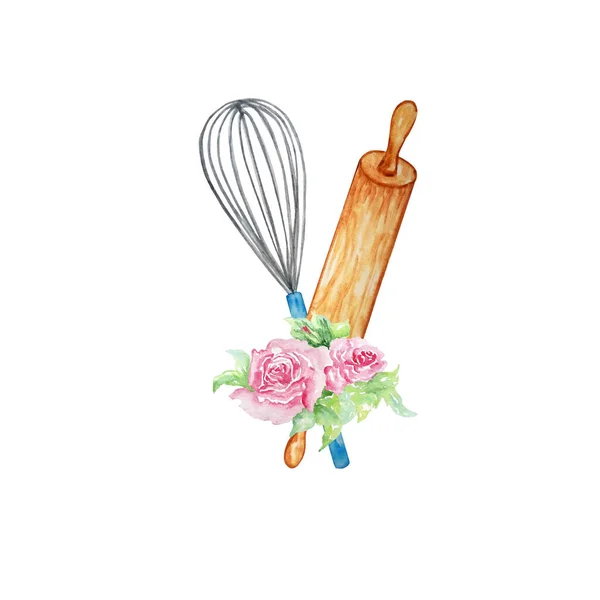 ローリングピン 泡立て器と花の花束を焼くためのキッチンのための水彩構成料理アイテム — ストック写真