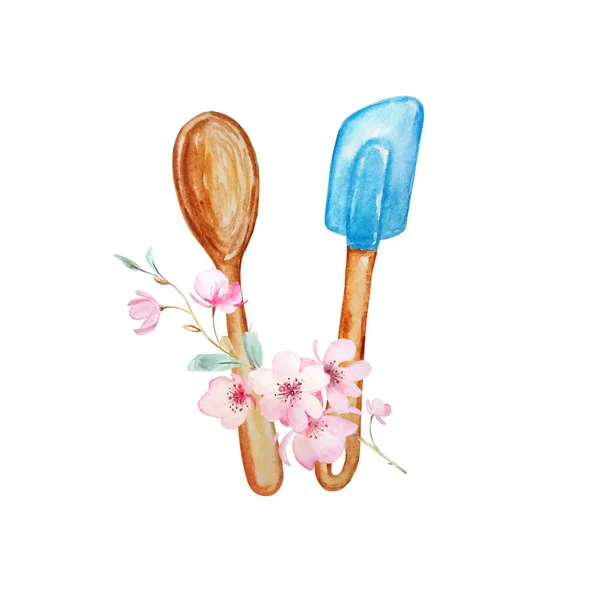 茶色の木のスプーンと青いスプーンと花を焼くための台所のための料理のアイテムの水彩イラスト — ストック写真