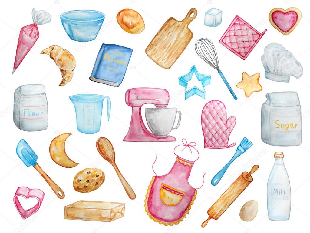 watercolor set of cook items illustration for kitchen and cooking