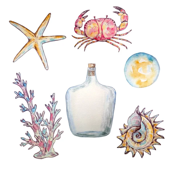 水彩画海洋水下生物海贝壳海星蟹藻类和珊瑚 — 图库照片