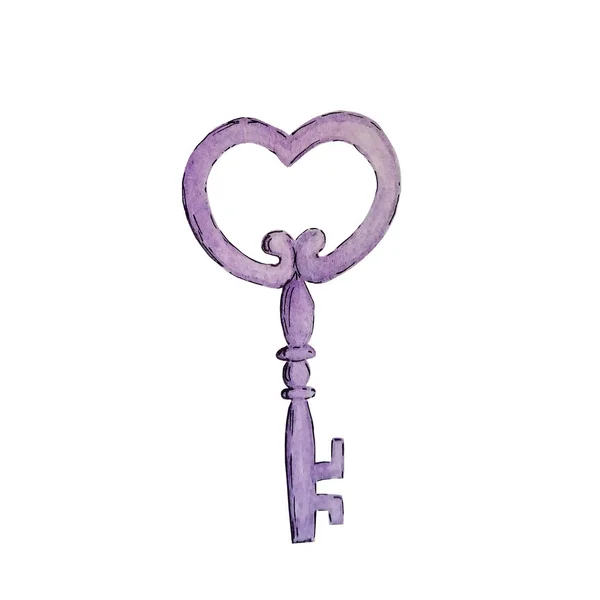 Watercolor Purple Iron Vintage Key Isolated White Background — Stock Photo, Image