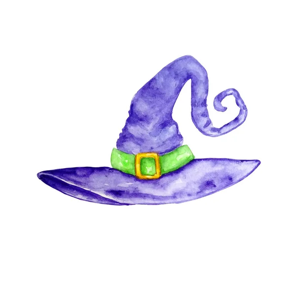 Watercolor Purple Hat Halloween Costume Green Ribbon Yellow Buckle — Stock Photo, Image
