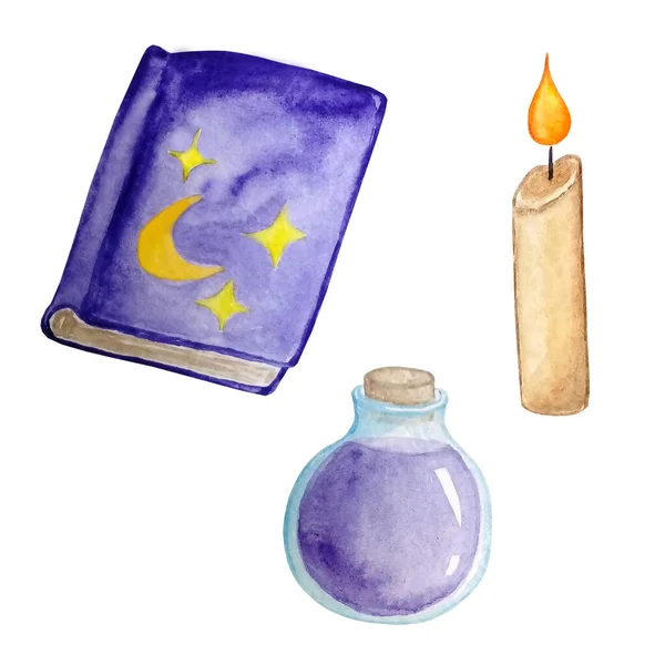 Acuarela Púrpura Libro Mágico Poción Mágica Frasco Vidrio Vela Amarilla — Foto de Stock