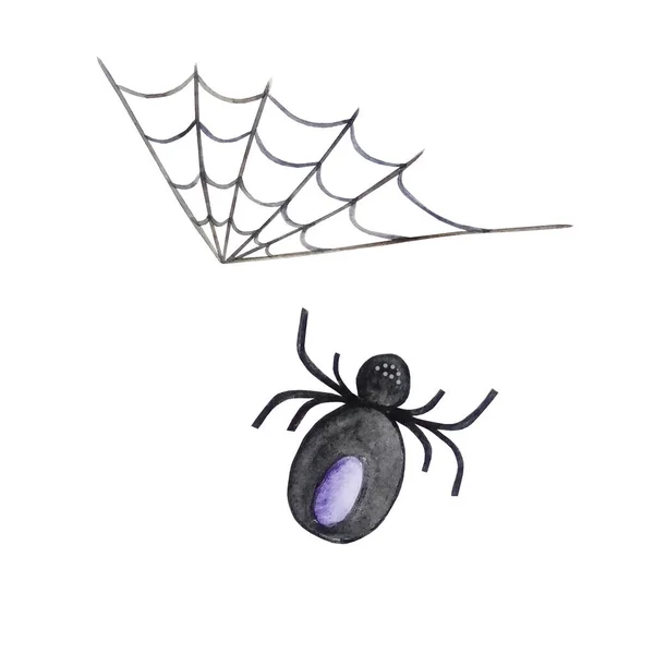 Watercolor Black Spider Purple Spot Cobweb — Stock Photo, Image