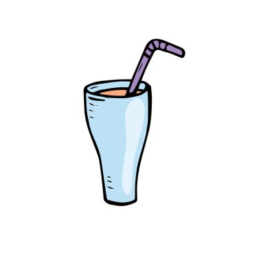 Gazozlu mavi cam vektörü ve karalama stilinde elle çizilmiş bir pipet.