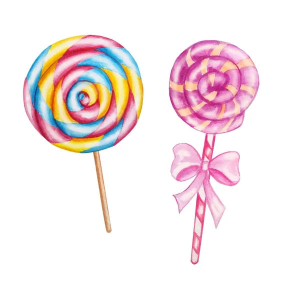Watercolor Set Two Bright Sweet Swirling Lollipop — Stock Photo, Image