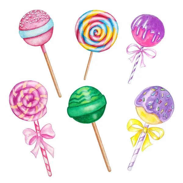 Watercolor Set Six Bright Sweet Lollipop — Stock Photo, Image
