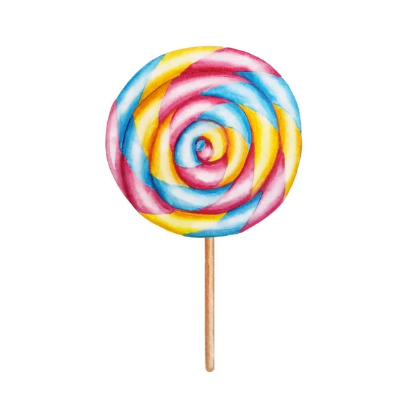 Watercolor Multicolored Yellow Pink Blue Swirl Lollipop — Stock Photo, Image