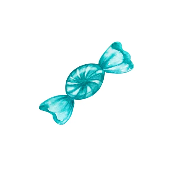 Caramella Caramello Dolce Acquerello Involucro Blu Disegnato Mano — Foto Stock